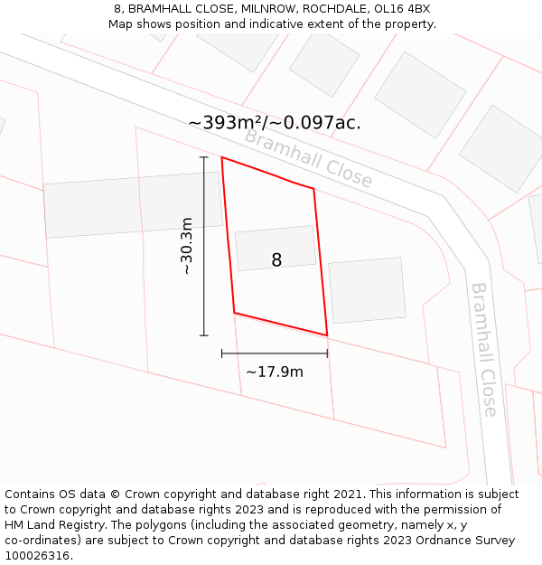 8, BRAMHALL CLOSE, MILNROW, ROCHDALE, OL16 4BX: Plot and title map