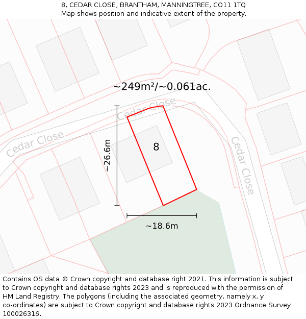 8, CEDAR CLOSE, BRANTHAM, MANNINGTREE, CO11 1TQ: Plot and title map