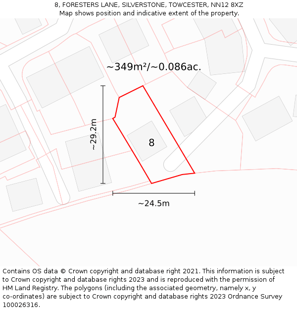 8, FORESTERS LANE, SILVERSTONE, TOWCESTER, NN12 8XZ: Plot and title map