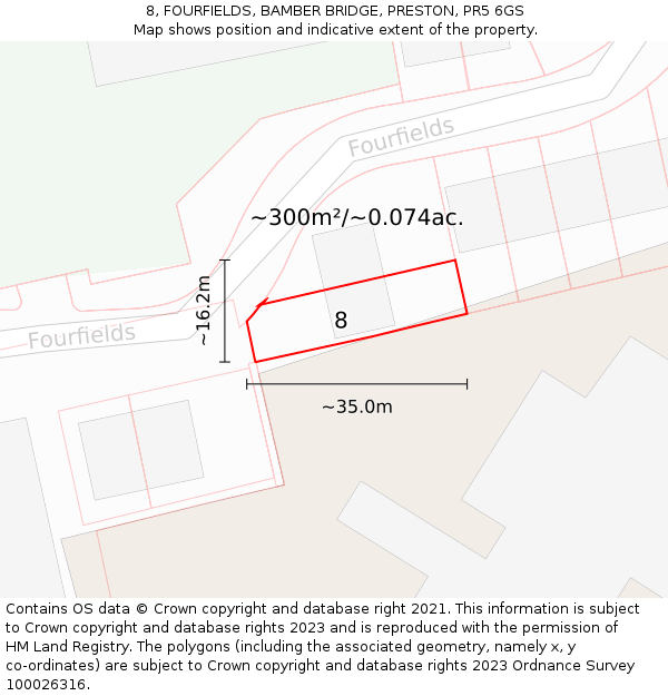 8, FOURFIELDS, BAMBER BRIDGE, PRESTON, PR5 6GS: Plot and title map
