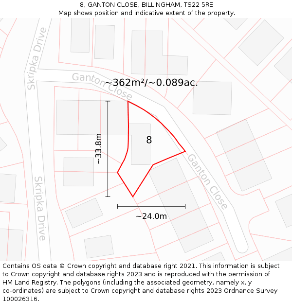 8, GANTON CLOSE, BILLINGHAM, TS22 5RE: Plot and title map