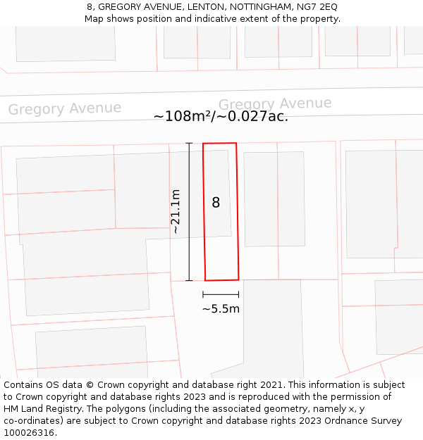 8, GREGORY AVENUE, LENTON, NOTTINGHAM, NG7 2EQ: Plot and title map