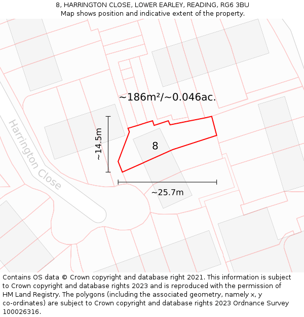 8, HARRINGTON CLOSE, LOWER EARLEY, READING, RG6 3BU: Plot and title map