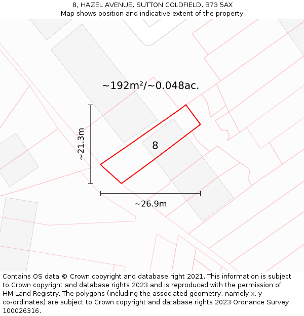 8, HAZEL AVENUE, SUTTON COLDFIELD, B73 5AX: Plot and title map