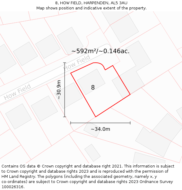 8, HOW FIELD, HARPENDEN, AL5 3AU: Plot and title map