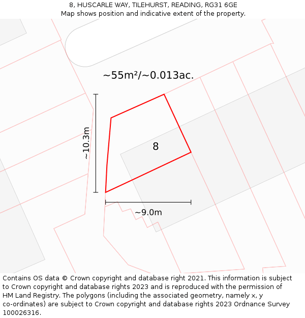 8, HUSCARLE WAY, TILEHURST, READING, RG31 6GE: Plot and title map