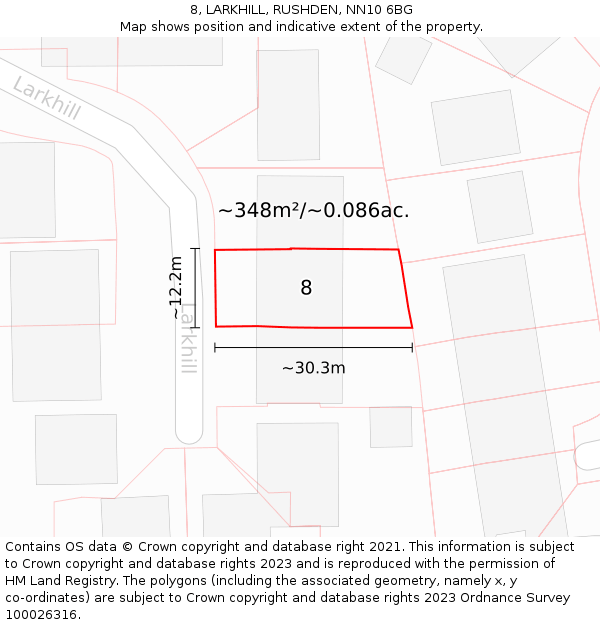 8, LARKHILL, RUSHDEN, NN10 6BG: Plot and title map