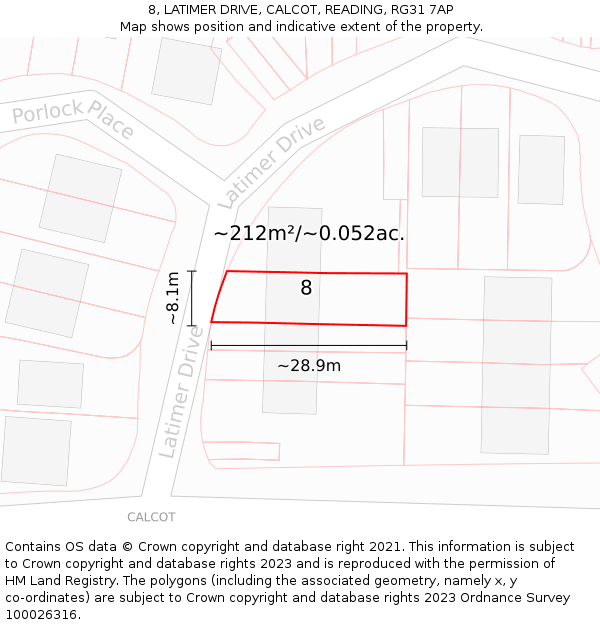 8, LATIMER DRIVE, CALCOT, READING, RG31 7AP: Plot and title map
