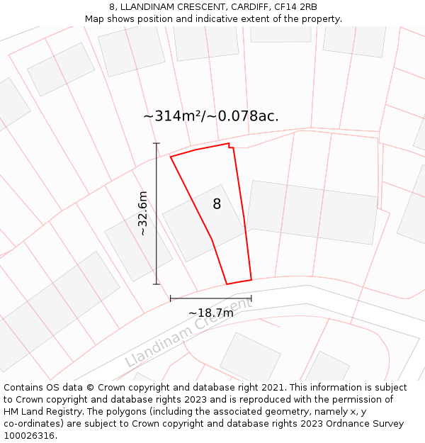 8, LLANDINAM CRESCENT, CARDIFF, CF14 2RB: Plot and title map