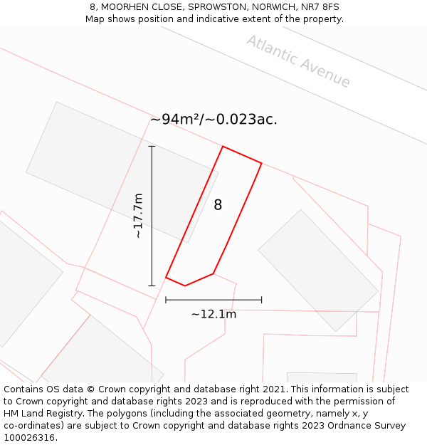8, MOORHEN CLOSE, SPROWSTON, NORWICH, NR7 8FS: Plot and title map