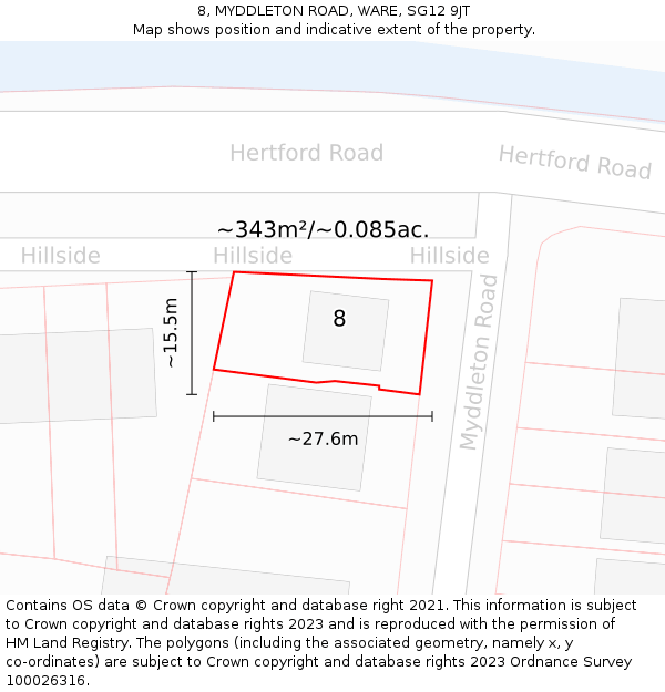 8, MYDDLETON ROAD, WARE, SG12 9JT: Plot and title map
