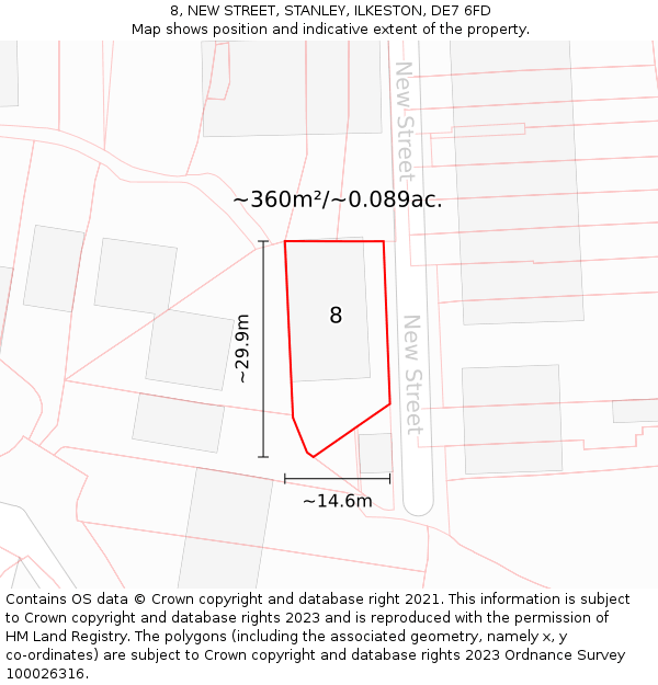 8, NEW STREET, STANLEY, ILKESTON, DE7 6FD: Plot and title map