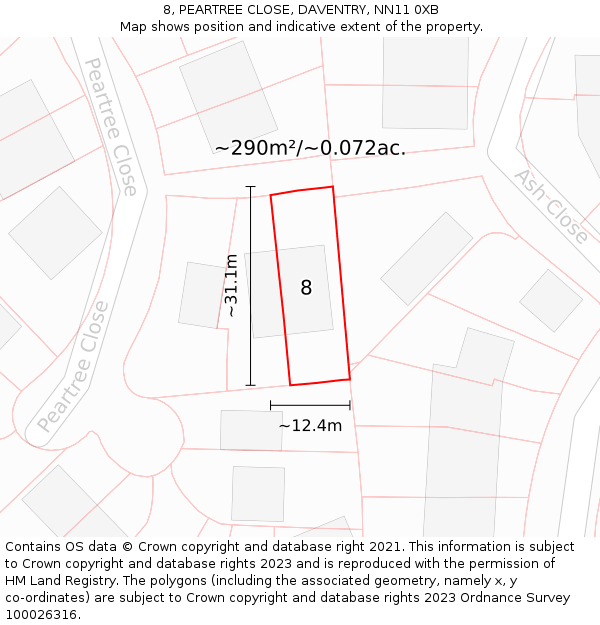 8, PEARTREE CLOSE, DAVENTRY, NN11 0XB: Plot and title map