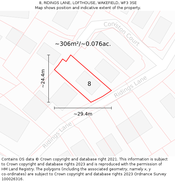8, RIDINGS LANE, LOFTHOUSE, WAKEFIELD, WF3 3SE: Plot and title map