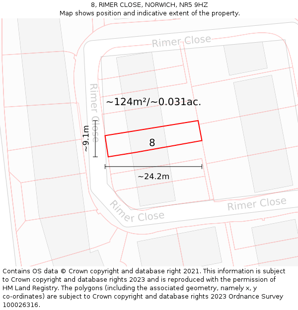 8, RIMER CLOSE, NORWICH, NR5 9HZ: Plot and title map