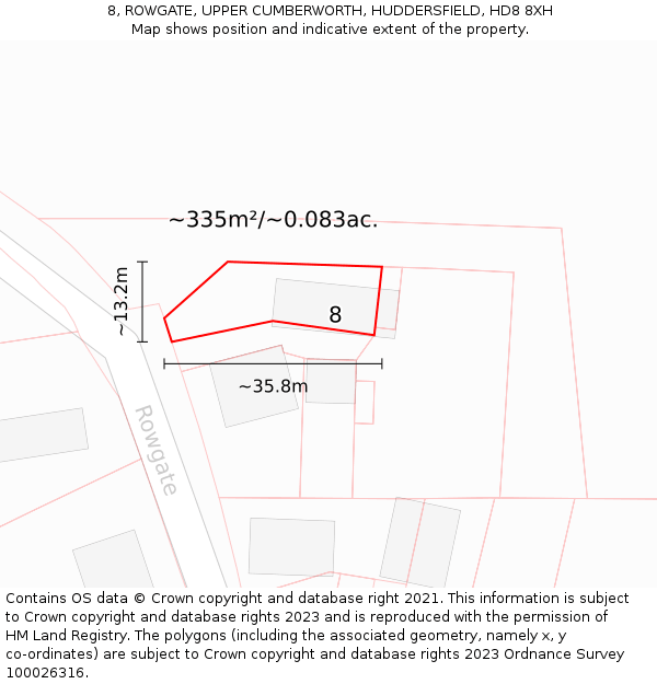 8, ROWGATE, UPPER CUMBERWORTH, HUDDERSFIELD, HD8 8XH: Plot and title map