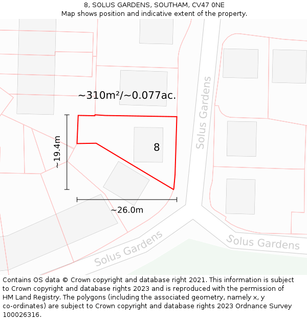 8, SOLUS GARDENS, SOUTHAM, CV47 0NE: Plot and title map