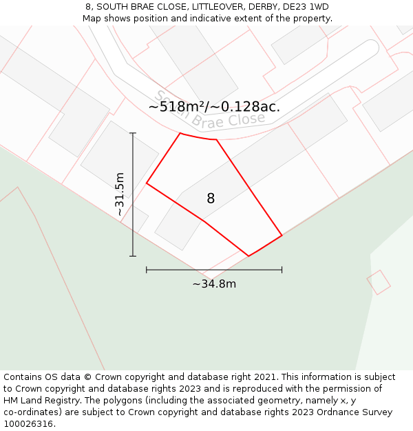 8, SOUTH BRAE CLOSE, LITTLEOVER, DERBY, DE23 1WD: Plot and title map
