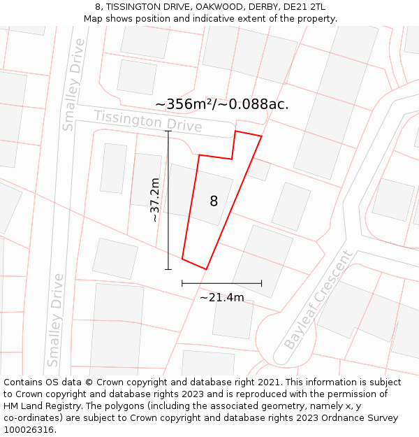 8, TISSINGTON DRIVE, OAKWOOD, DERBY, DE21 2TL: Plot and title map