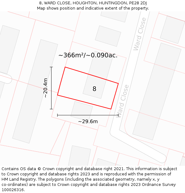 8, WARD CLOSE, HOUGHTON, HUNTINGDON, PE28 2DJ: Plot and title map