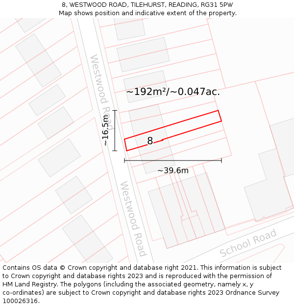8, WESTWOOD ROAD, TILEHURST, READING, RG31 5PW: Plot and title map