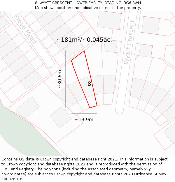 8, WYATT CRESCENT, LOWER EARLEY, READING, RG6 3WH: Plot and title map