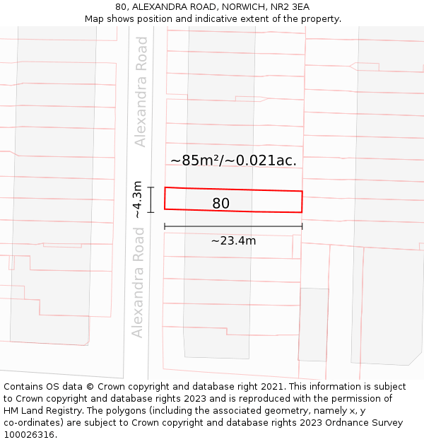 80, ALEXANDRA ROAD, NORWICH, NR2 3EA: Plot and title map