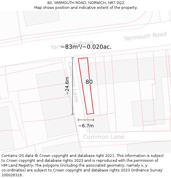80, YARMOUTH ROAD, NORWICH, NR7 0QZ: Plot and title map
