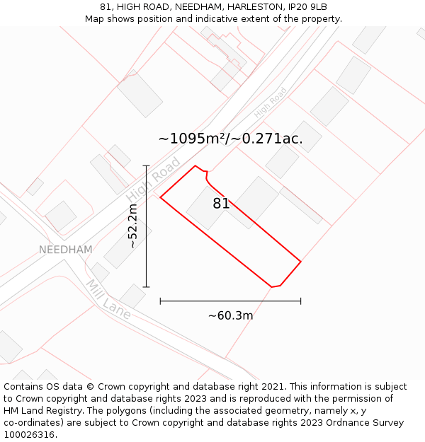 81, HIGH ROAD, NEEDHAM, HARLESTON, IP20 9LB: Plot and title map
