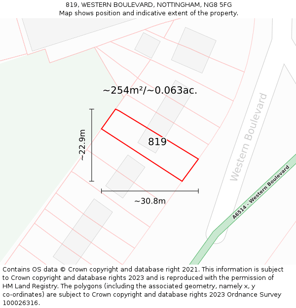 819, WESTERN BOULEVARD, NOTTINGHAM, NG8 5FG: Plot and title map