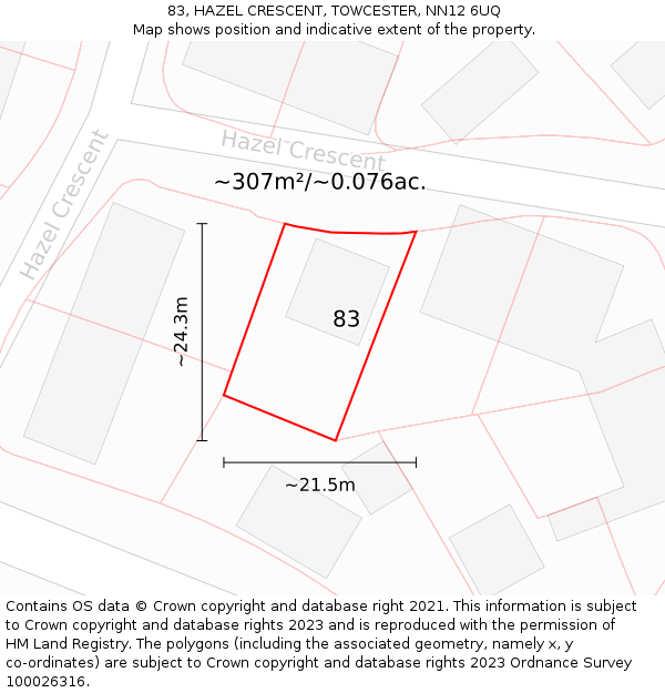 83, HAZEL CRESCENT, TOWCESTER, NN12 6UQ: Plot and title map