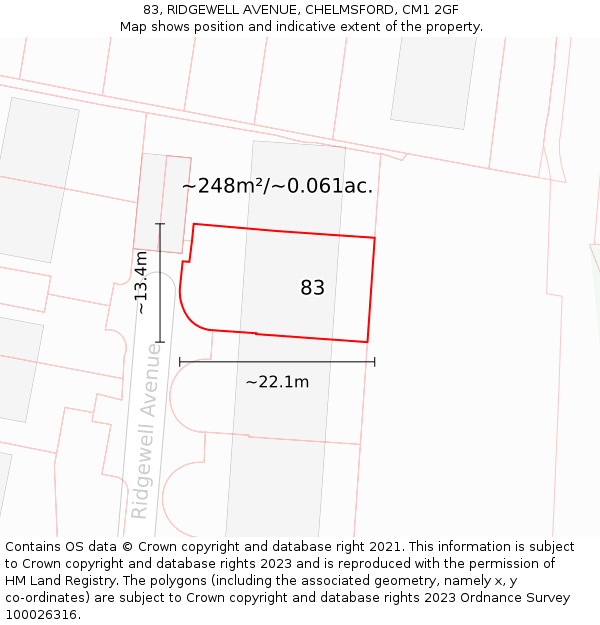 83, RIDGEWELL AVENUE, CHELMSFORD, CM1 2GF: Plot and title map
