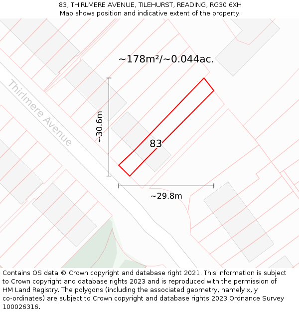 83, THIRLMERE AVENUE, TILEHURST, READING, RG30 6XH: Plot and title map