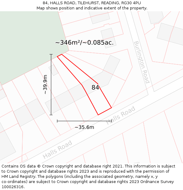 84, HALLS ROAD, TILEHURST, READING, RG30 4PU: Plot and title map