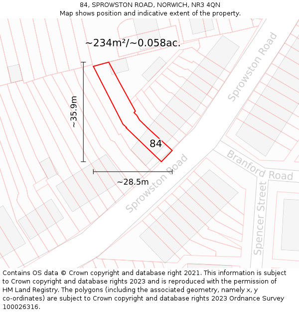 84, SPROWSTON ROAD, NORWICH, NR3 4QN: Plot and title map