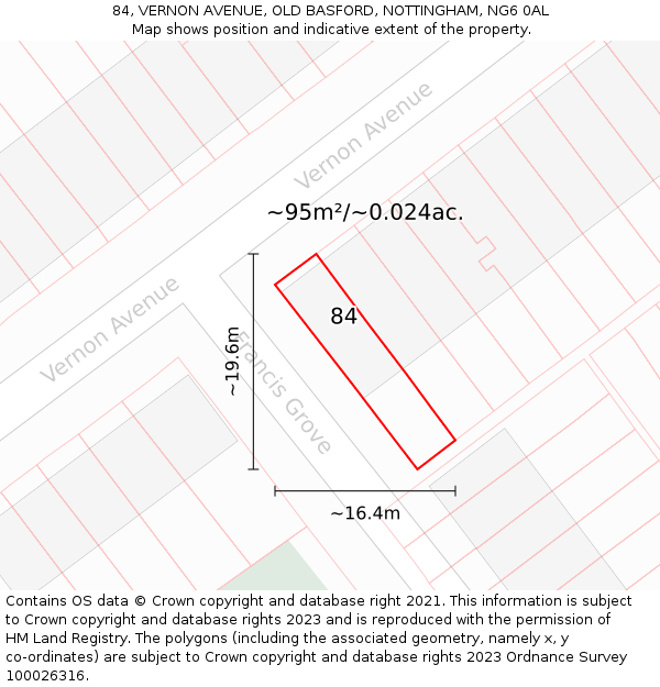 84, VERNON AVENUE, OLD BASFORD, NOTTINGHAM, NG6 0AL: Plot and title map