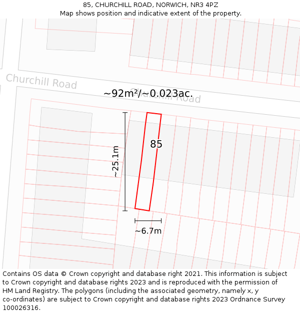 85, CHURCHILL ROAD, NORWICH, NR3 4PZ: Plot and title map