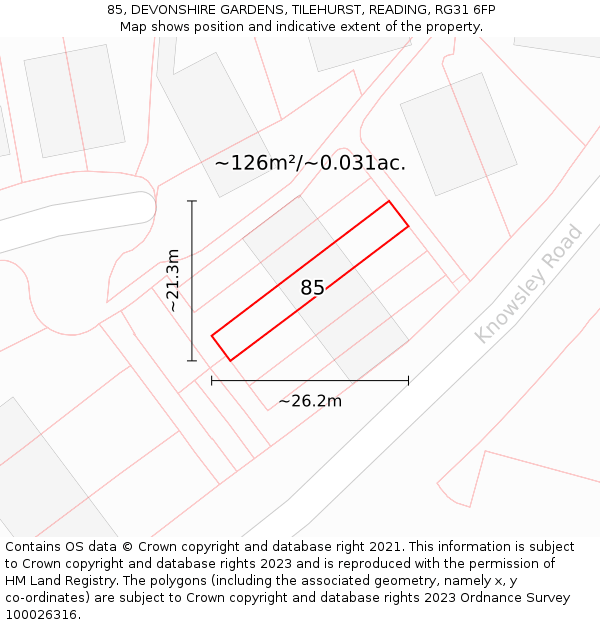 85, DEVONSHIRE GARDENS, TILEHURST, READING, RG31 6FP: Plot and title map