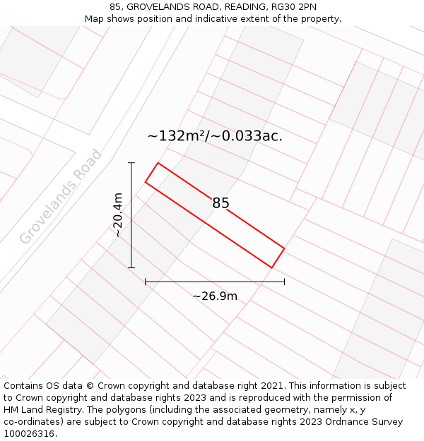 85, GROVELANDS ROAD, READING, RG30 2PN: Plot and title map