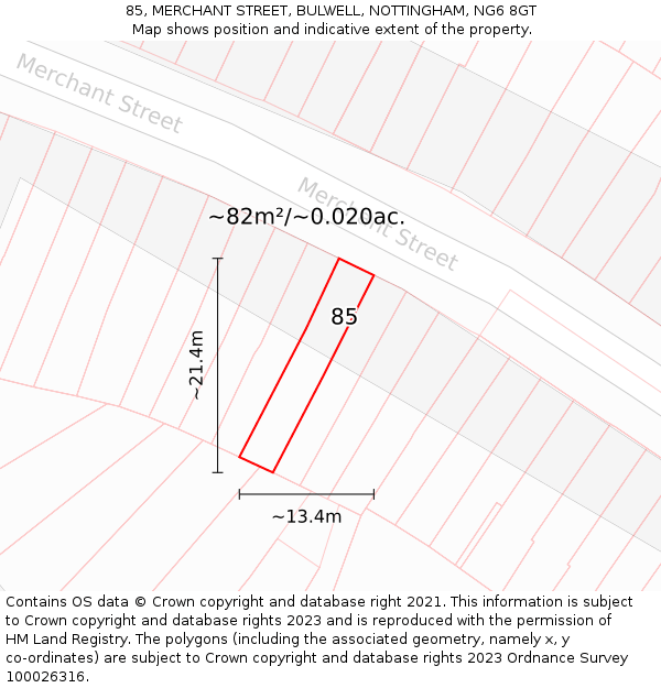 85, MERCHANT STREET, BULWELL, NOTTINGHAM, NG6 8GT: Plot and title map