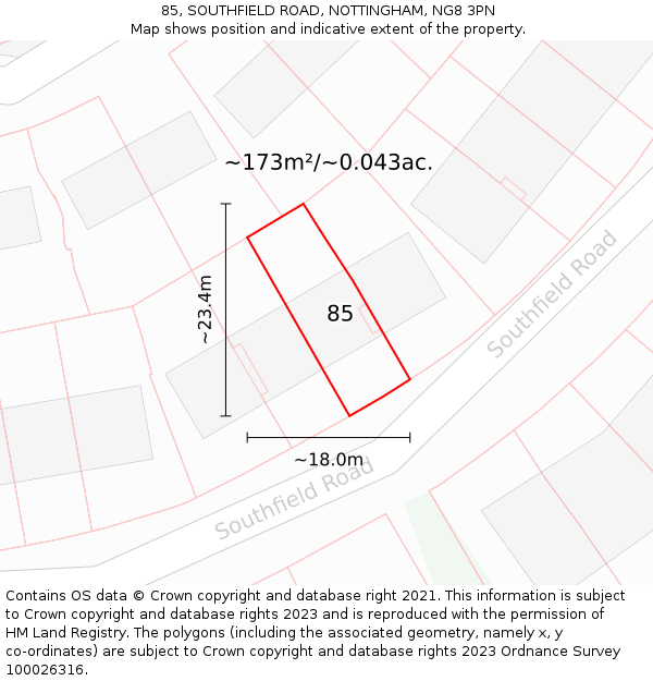 85, SOUTHFIELD ROAD, NOTTINGHAM, NG8 3PN: Plot and title map