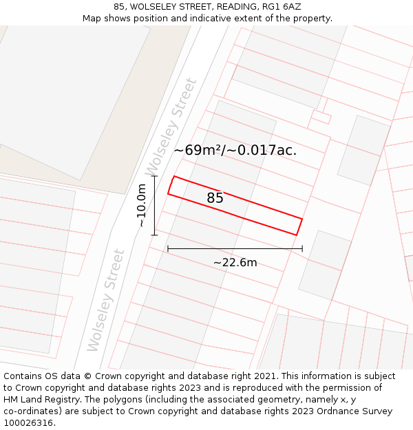 85, WOLSELEY STREET, READING, RG1 6AZ: Plot and title map