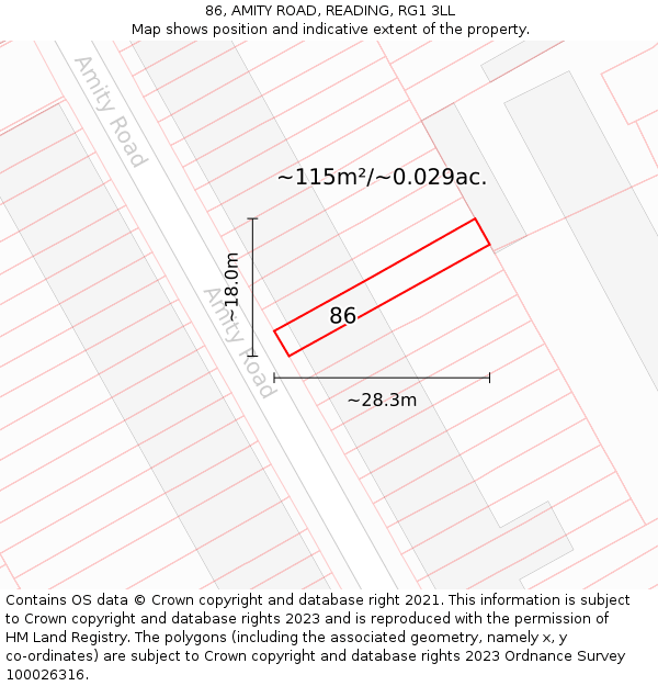 86, AMITY ROAD, READING, RG1 3LL: Plot and title map