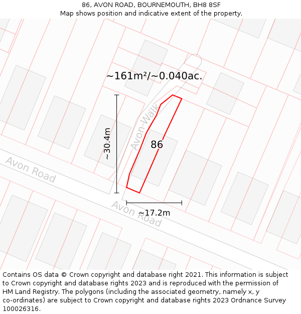 86, AVON ROAD, BOURNEMOUTH, BH8 8SF: Plot and title map