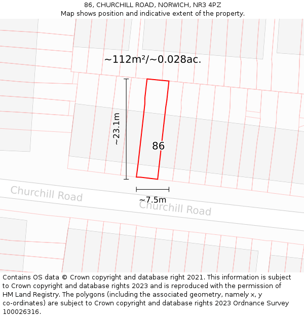 86, CHURCHILL ROAD, NORWICH, NR3 4PZ: Plot and title map