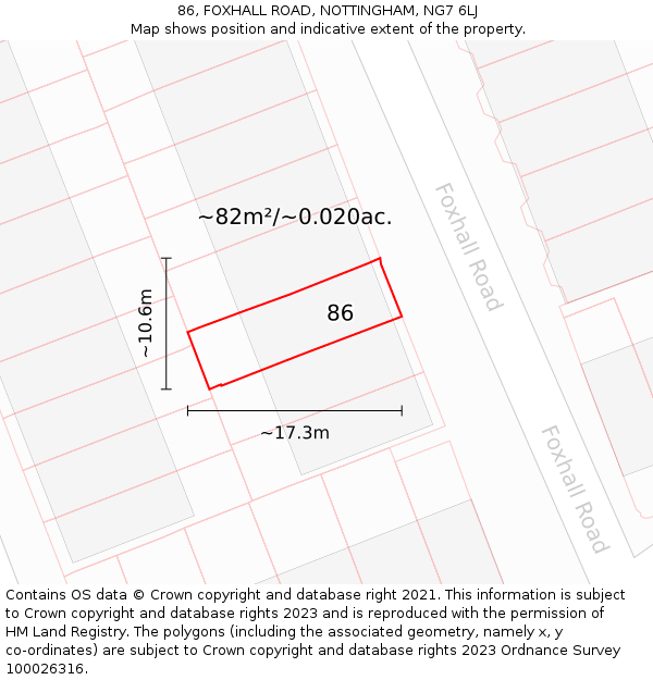 86, FOXHALL ROAD, NOTTINGHAM, NG7 6LJ: Plot and title map