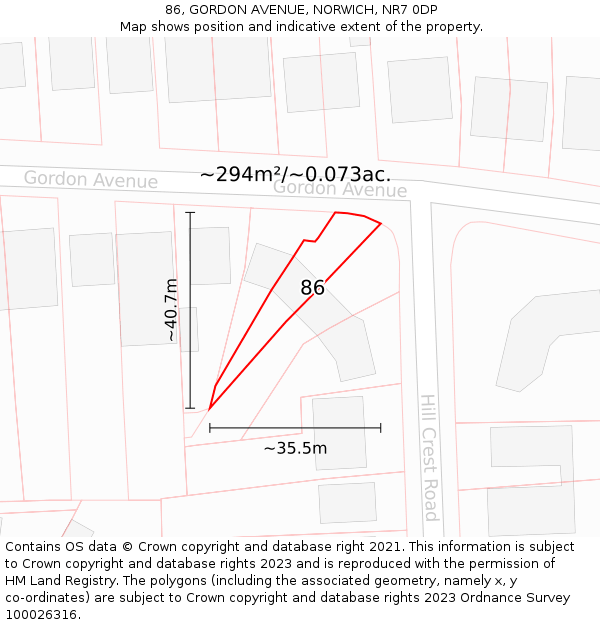 86, GORDON AVENUE, NORWICH, NR7 0DP: Plot and title map