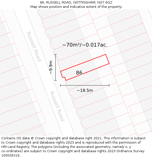 86, RUSSELL ROAD, NOTTINGHAM, NG7 6GZ: Plot and title map