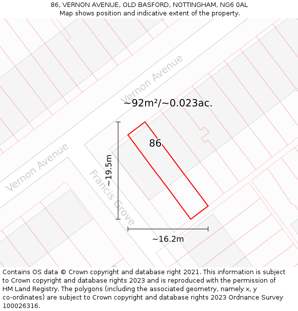 86, VERNON AVENUE, OLD BASFORD, NOTTINGHAM, NG6 0AL: Plot and title map