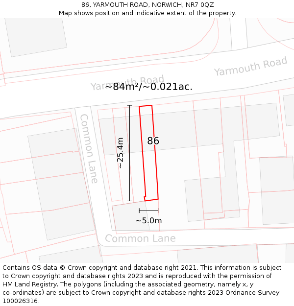 86, YARMOUTH ROAD, NORWICH, NR7 0QZ: Plot and title map